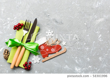 Top view of New Year dinner on cement background. Top view of New Year dinner on cement background. 58301996