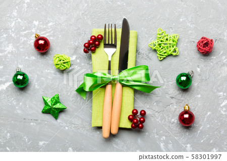 Top view of holiday set of fork and knife on Top view of holiday set of fork and knife on 58301997