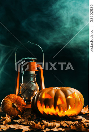 Halloween pumpkins in scary deep night Halloween pumpkins in scary deep night 58302926