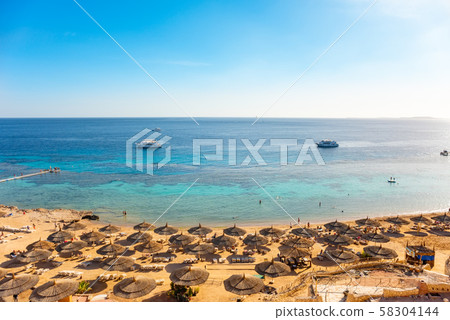Red sea beach from aerial top view. Tourists relaxing under umbrellas Red sea beach from aerial top view. Tourists relaxing under umbrellas 58304144