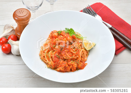Pasta with seafood ragout sauce. This is a ragout sauce (tomato) made of red snapper, shrimp and scallop mince. 58305281