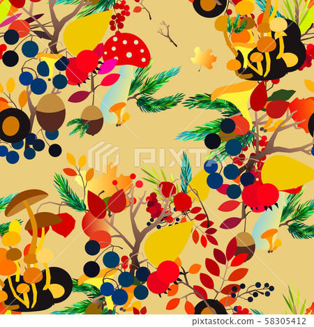 Autumn vector seamless pattern with berries, acorns, pine cone, mushrooms, branches and leaves. Autumn vector seamless pattern with berries, acorns, pine cone, mushrooms, branches and leaves. 58305412