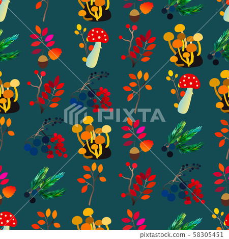 Autumn vector seamless pattern with berries, acorns, pine cone, mushrooms, branches and leaves. Autumn vector seamless pattern with berries, acorns, pine cone, mushrooms, branches and leaves. 58305451