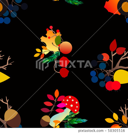 Autumn vector seamless pattern with berries, acorns, pine cone, mushrooms, branches and leaves. 58305516