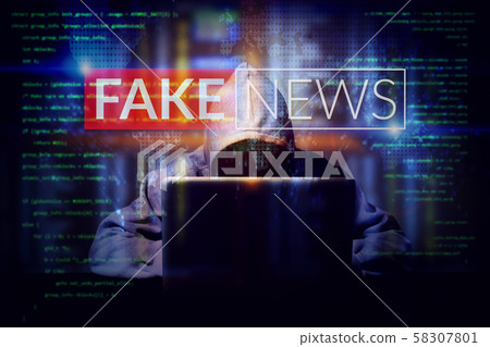 hacker working on a computer laptop, double exposure with screen of fake news. manipulated content on internet . anonymous face 58307801