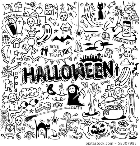 vector of hand drawn doodle cartoon set of objects and symbols on the Halloween theme 58307985