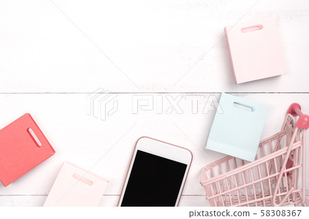 Shopping Top View White Hand Machine Shopping phone flat lay Shopping 58308367