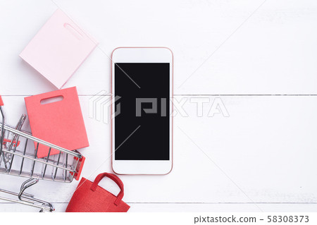 Shopping Top View White Hand Machine Shopping phone flat lay Shopping 58308373
