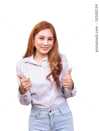 Full body excited woman with arms up isolated over white