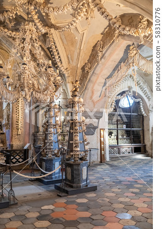 Human skulls and bones in ossuary Sedlec Kostnice 58310776