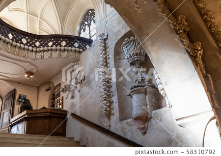 Human skulls and bones in ossuary Sedlec Kostnice Human skulls and bones in ossuary Sedlec Kostnice 58310792