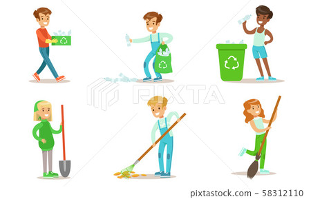 Children Volunteering in the Park Set, Teenage Boys and Girls Cleaning, Gathering Plastic Waste for 58312110