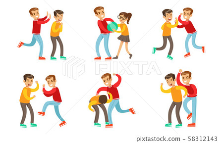 Teenage Boys Fighting and Quarreling Set, Aggressive Behavior at School, Aggressive Boy Bullying 58312143