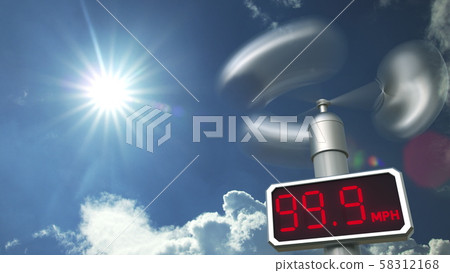 Digital anemometer displays maximum 99.9 mph wind speed. Hurricane forecast related 3D rendering Digital anemometer displays maximum 99.9 mph wind speed. Hurricane forecast related 3D rendering 58312168