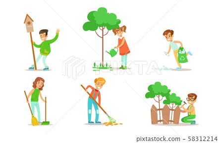 Children Volunteering in the Garden or Park Set, Teen Boys and Girls Gathering Garbage, Watering 58312214