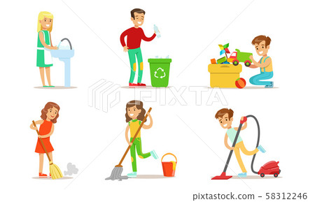 Cute Children Doing Housework Set, Boys and Girls Mopping and Vacuuming Floor, Gathering Garbage Cute Children Doing Housework Set, Boys and Girls Mopping and Vacuuming Floor, Gathering Garbage 58312246
