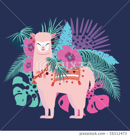 Alpaca with exotic leaves and flowers 58312473