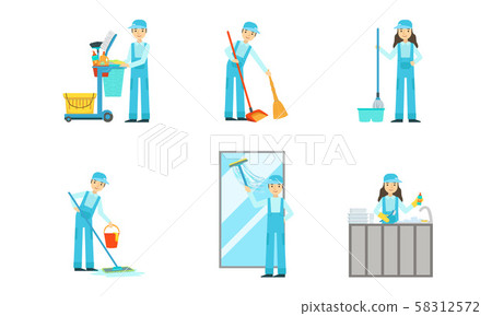 Set of cleaners at work. Vector illustration. 58312572