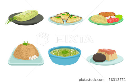Set of freshly prepared food on plates. Vector illustration. Set of freshly prepared food on plates. Vector illustration. 58312751