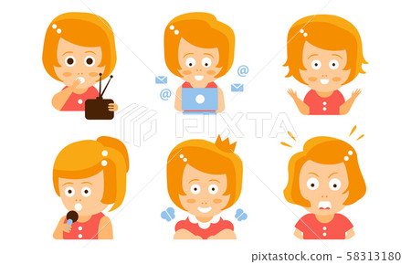 Cartoon Red Haired Girl With A Radio Laptop Stock