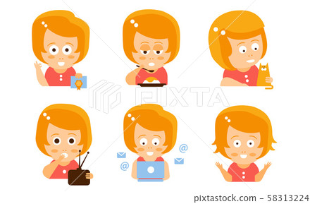 Cartoon red-haired girl with a letter, cat, radio and laptop. Vector illustration. 58313224