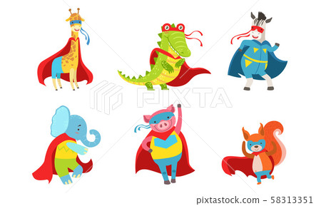 Cartoon animals in costumes of superheroes. Vector illustration. 58313351