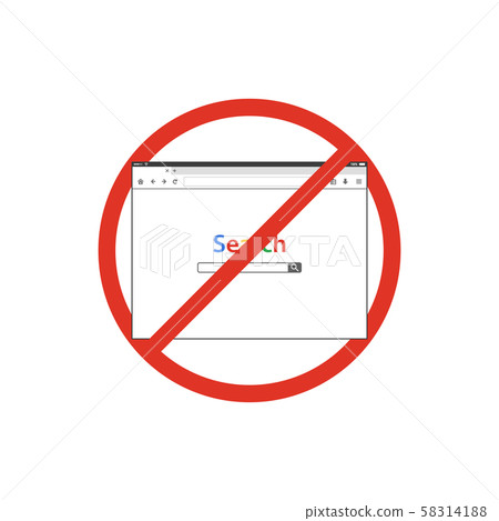 Browser window with search in prohibition sign. Browser banned. Prohibited ban stop symbol. 58314188
