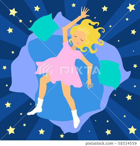 Blonde girl laying on the blue blanket. Vector illustration Blonde girl laying on the blue blanket. Vector illustration 58314559