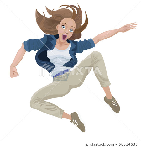 Young girl jumps higher. Vector cartoon illustration 58314635