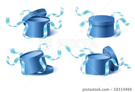 Set icons blue gift box with ribbons and closed and opened lid Set icons blue gift box with ribbons and closed and opened lid 58314994