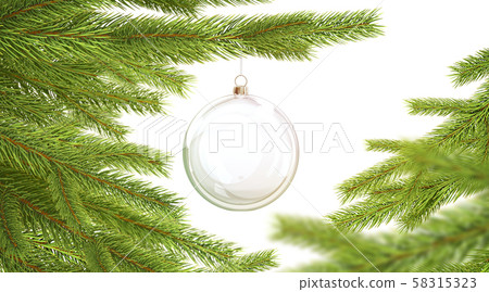 Blank glass christmas ball hanging on pine branch mockup Blank glass christmas ball hanging on pine branch mockup 58315323