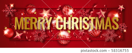 Christmas horizontal banner with shining snowflakes, ribbons, stars and colorful balls. New year and Christmas horizontal banner with shining snowflakes, ribbons, stars and colorful balls. New year and 58316755