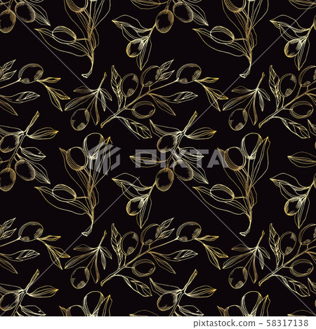 Vector Olive branch with fruit. Black and white engraved ink art. Seamless background pattern. 58317138