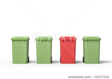 3d rendering of three green and one red trash bins 58317242