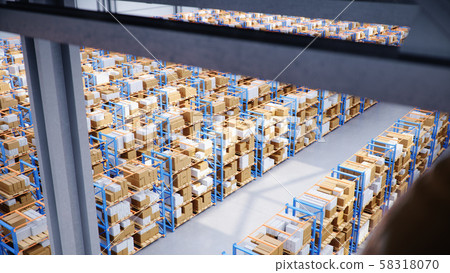 Warehouse with cardboard boxes inside on pallets racks, logistic center. Huge, large modern Warehouse with cardboard boxes inside on pallets racks, logistic center. Huge, large modern 58318070