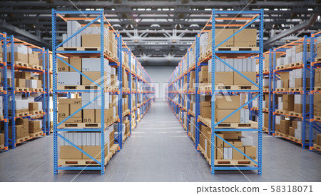 Warehouse with cardboard boxes inside on pallets racks, logistic center. Huge, large modern Warehouse with cardboard boxes inside on pallets racks, logistic center. Huge, large modern 58318071