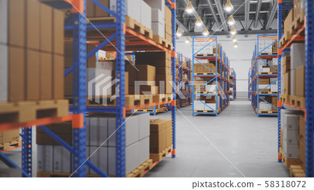 Warehouse with cardboard boxes inside on pallets racks, logistic center. Huge, large modern Warehouse with cardboard boxes inside on pallets racks, logistic center. Huge, large modern 58318072