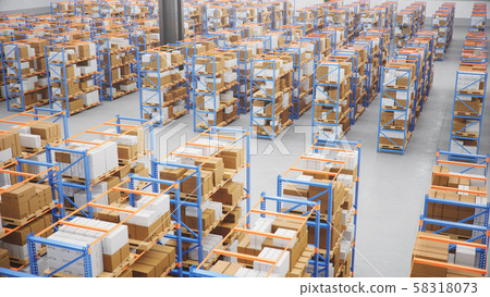 Warehouse with cardboard boxes inside on pallets racks, logistic center. Huge, large modern Warehouse with cardboard boxes inside on pallets racks, logistic center. Huge, large modern 58318073