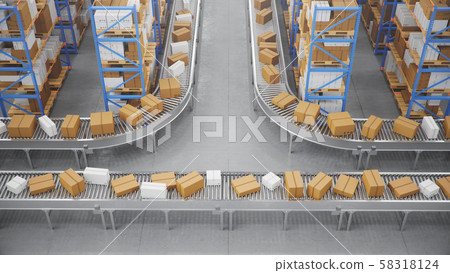 Packages delivery, parcels transportation system concept, cardboard boxes on conveyor belt in Packages delivery, parcels transportation system concept, cardboard boxes on conveyor belt in 58318124