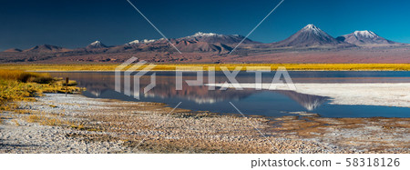 Cejar lagoon and volcano peaks in the background 58318126
