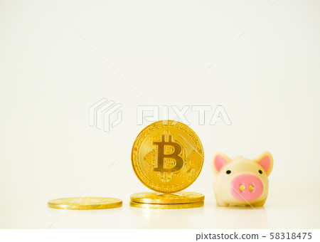 golden bitcoin with piggy bank on white background golden bitcoin with piggy bank on white background 58318475