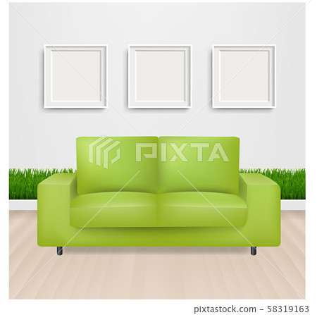 Green Sofa Bed With And Picture Frame ภาพประกอบสต อก