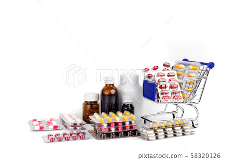 pills and medicine on shopping cart pills and medicine on shopping cart 58320126