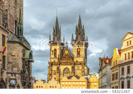 Astronomical clock, Czech: Orloj, and Church of Our Lady before Tyn at Old Town Square in Prgue 58321267