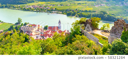 Scenic aerial view of Durnstein Village, Wachau Valley of Danube River, Austria 58321284