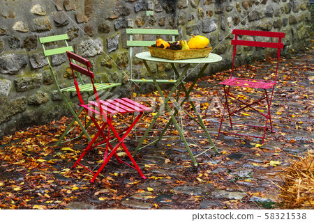 Garden with table and chairs decorated with autumn flowers, pumpkins Garden with table and chairs decorated with autumn flowers, pumpkins 58321538