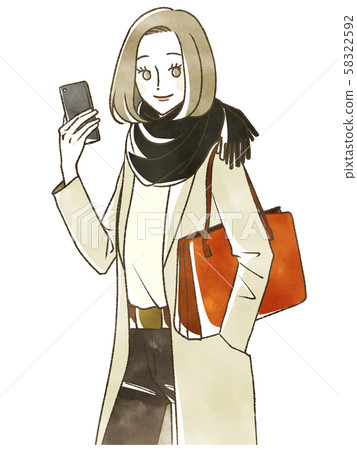 Woman in winter clothes-smile-smartphone Woman in winter clothes-smile-smartphone 58322592
