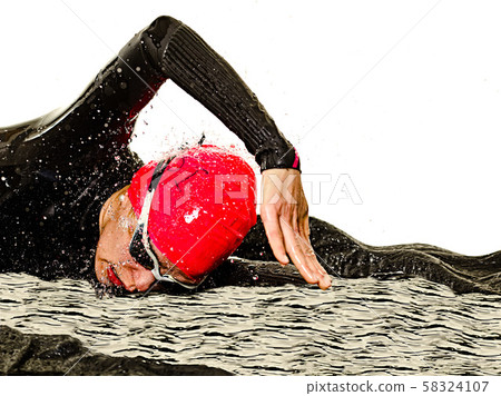woman triathlon triathlete ironman swimmer swimming swimsuit isolated white background 58324107