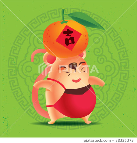 Chinese New Year 2020. Cute rat carrying big tangerine mandarin orange with traditional oriental ornament design on green background - vector Chinese New Year 2020. Cute rat carrying big tangerine mandarin orange with traditional oriental ornament design on green background - vector 58325372