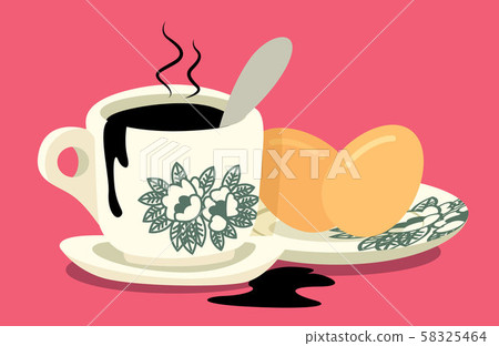 Breakfast set. Traditional oriental style coffee with half boiled eggs set on pink colour background. Vintage Nanyang style coffee cup and plate - flat art vector Breakfast set. Traditional oriental style coffee with half boiled eggs set on pink colour background. Vintage Nanyang style coffee cup and plate - flat art vector 58325464